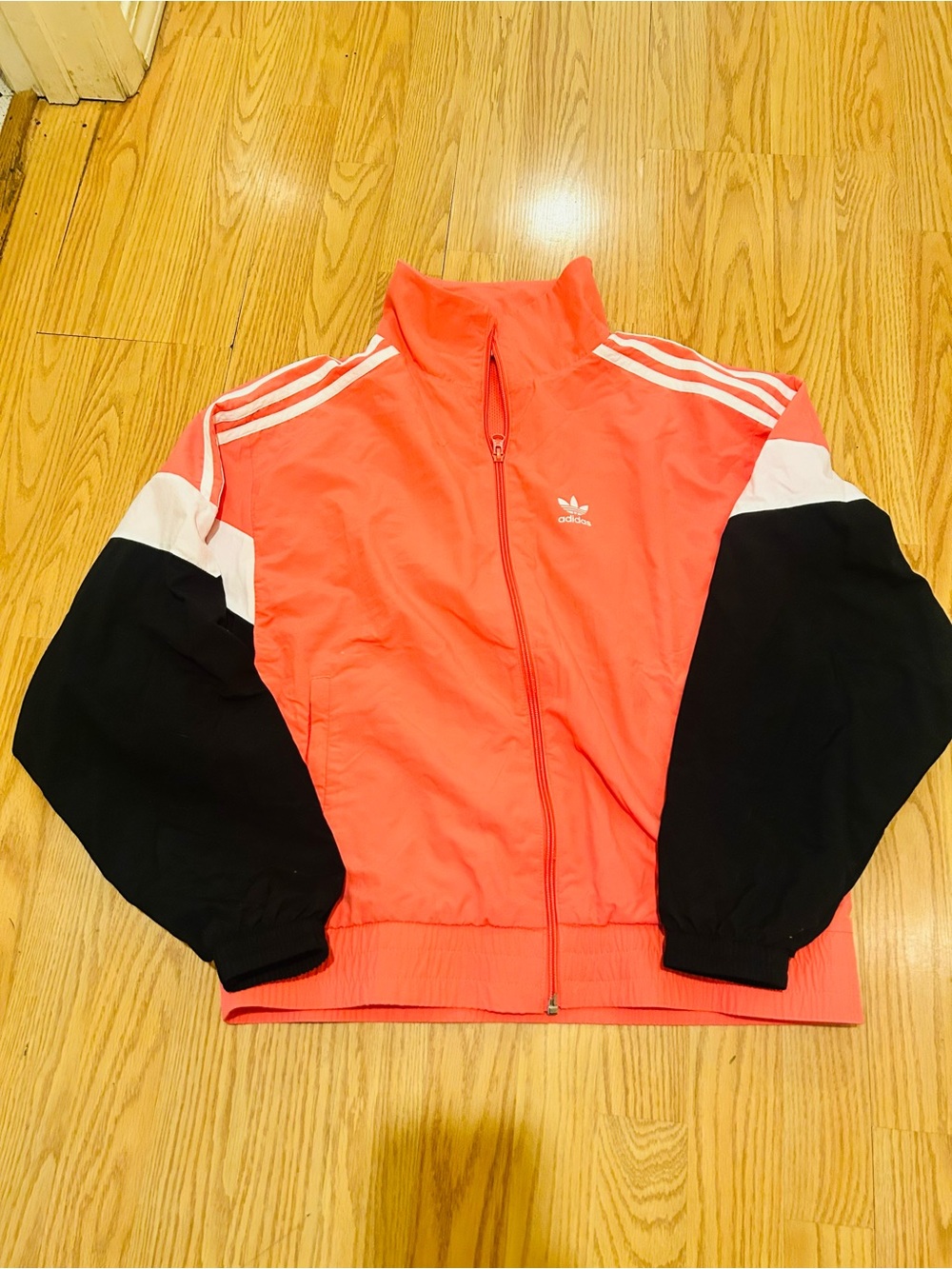 New Adidas Women Coral Pink and Black Colorblock Track Jacket sz L